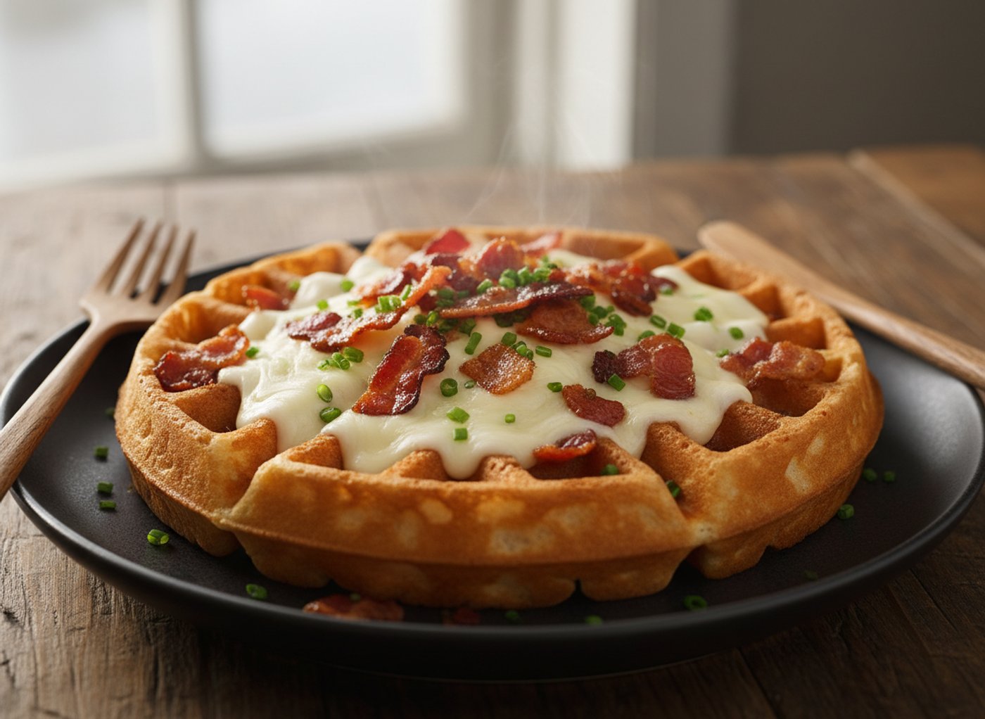 Gaufre garnie de fromage fondu et de bacon