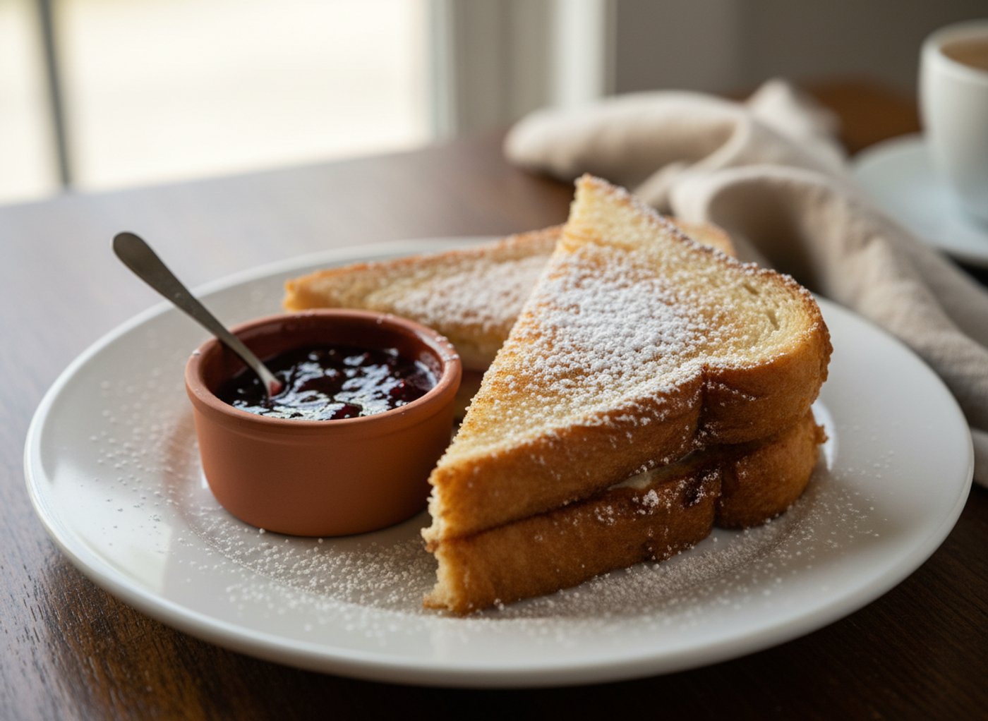 Sandwich Montecristo doré, sucre glace, confiture maison