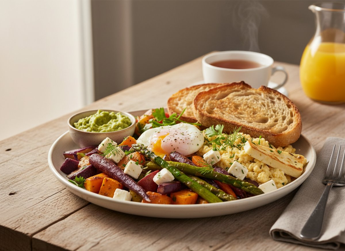 Assiette végétarienne, légumes de saison, œufs, fromage